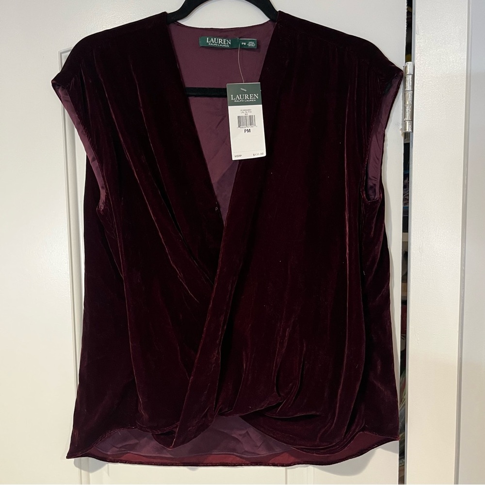 Lauren Ralph Lauren Womens PM Cranberry Red Top Velvet V Neck Garnet NWT